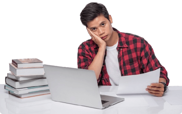 Confused student thinking about career with laptop